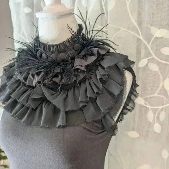 Twelve by Twelve Black Sleeveless Mock Turtle Neck with Ruffles and Feathers, S - Picture 3 of 8